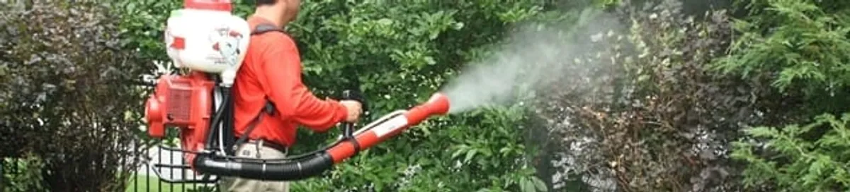 Mosquito control technician fogging shrubs and landscaping for mosquito treatment in Jacksonville, FL