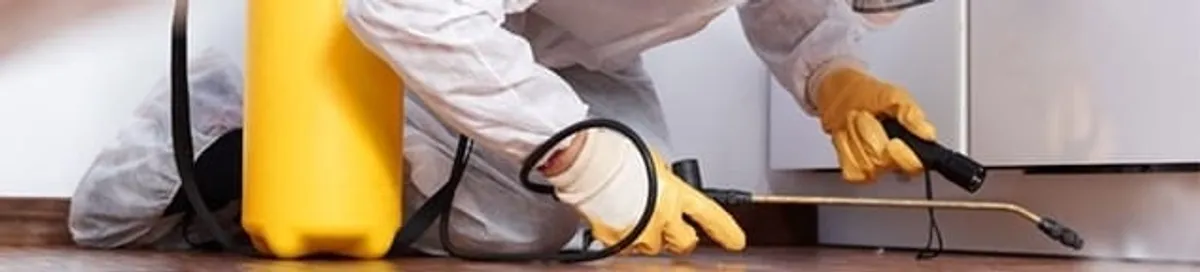 Roach exterminator treating cracks and crevices along kitchen baseboards in Jacksonville, FL